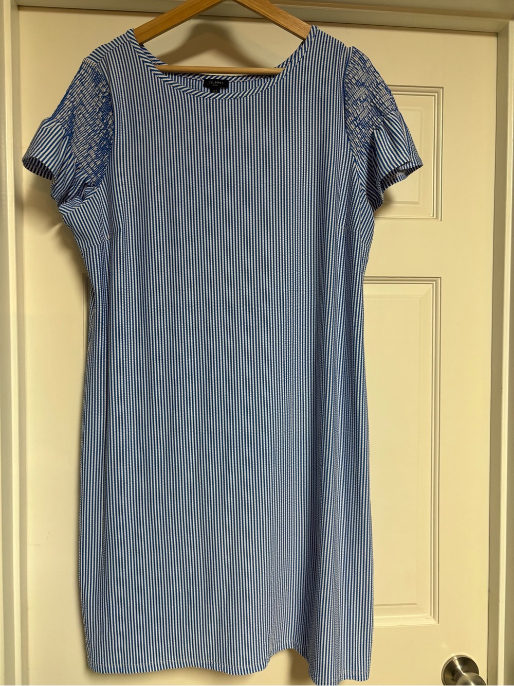 Talbot’s Blue and White Striped Short Sleeve SMOCKED SEERSUCKER KNIT SHIFT DRESS